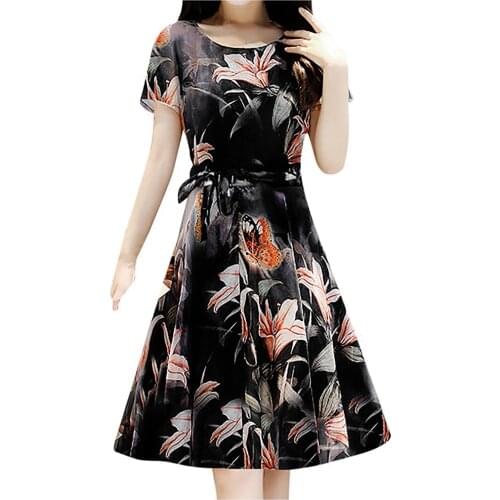 Fashion Women Vintage Flowers Print Short Sleeve Dresses Summer Charming Belt Floral Print Midi Dress Daily O-Neck A-LINE Robe