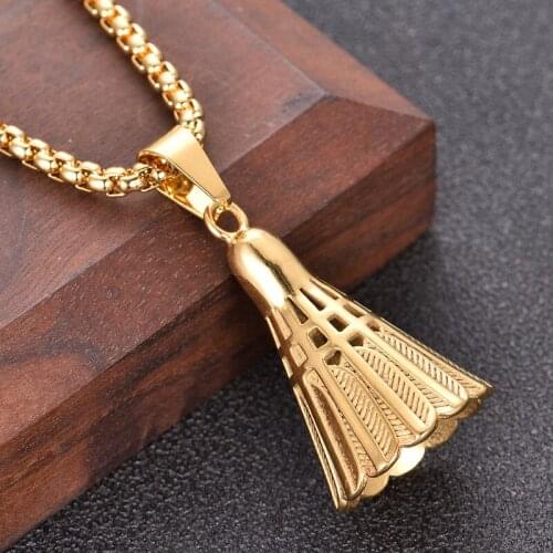 Gold Badminton Pendant Necklace Sports Equipment Stainless Steel Necklaces Jewelry Gift For Men Women