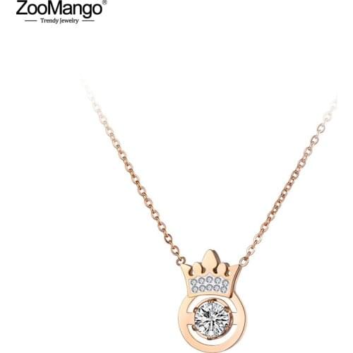 ZooMango Fashion AAA CZ Crystal Crown Pendant Necklace Rose Gold Stainless Steel Wedding Neckalce Jewelry For Women Gift ZN19036