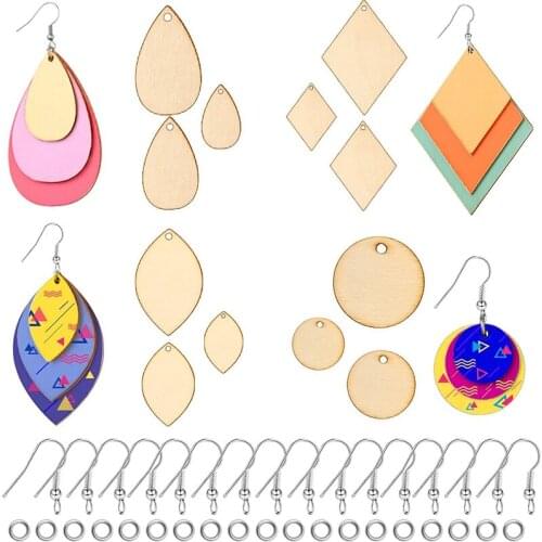 120 Piece Blanks Wooden Wood Pendants with 60 Pieces Earring Hooks and 60 Pieces Jump Rings for Jewelry DIY Craft Making