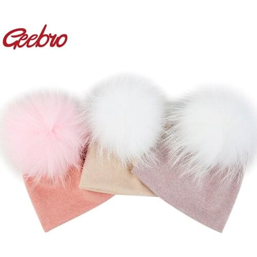 Geebro Newborn Baby Girls Boys Multi-color Real Fur Pompm Cotton beanies hats Caps Soft Winter Baby Kids Stretch Knitted Gifts