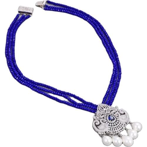 GG Jewelry 19" 3 Rows 4mm faceted rondelle Blue crystal Necklace silver color plated CZ pave swan White Sea Shell Pearl Pendant