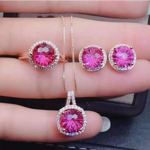 High Quality Pink Topaz Ring Earrings Pendant Necklace Set S925 Pure Silver Fine Fashion Wedding Jewelry for Women Free Shipping