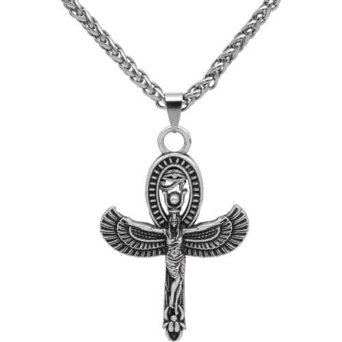 Winged Goddess Necklace Ancient Egypt Jewelry Horus Ankh Pendant Mens Accessory Ancient Goddess