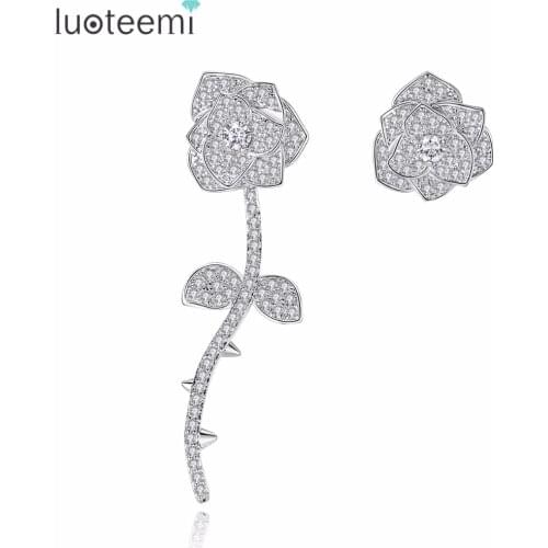LUOTEEMI Brand New Elegant Leaft Flower Shape Asymmetric Stud Earrings Micro Paved Clear CZ Brincos for Girls Christmas Gift