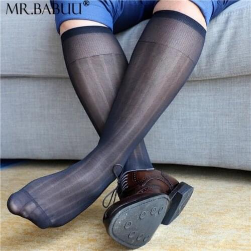 Mens wide striped four-color micro-transparent business suits European and American medium-long tube nylon stockings