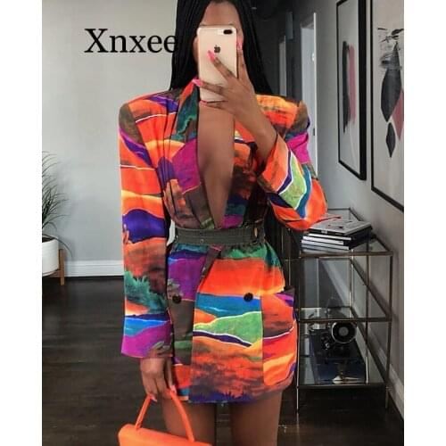 Winter Autumn Women Notched Long Sleeve Graffiti Print Blazers Vintage Office Lady Outfit High Street Coat Orange Belt Africa