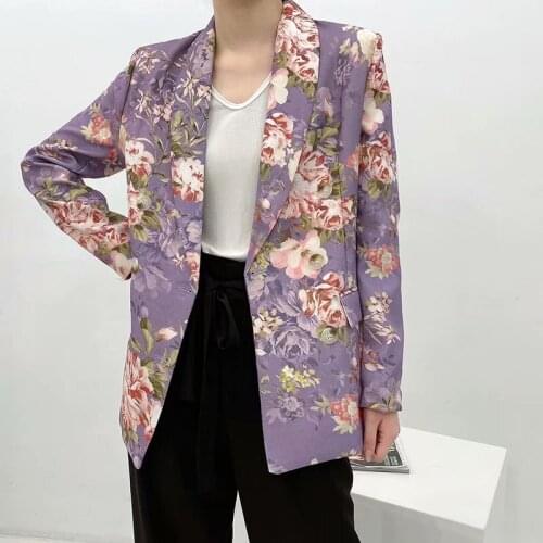 Pinkou Women Retro Elegant Floral Blazer Double Breasted Long Sleeve Notched Collar Jacket Stylish Retro Coats CA11