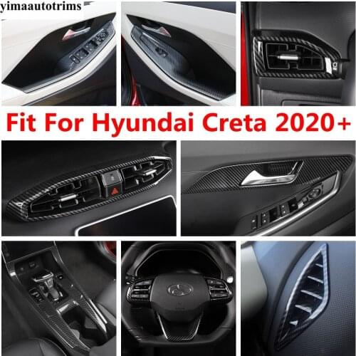 For Hyundai Creta 2020 2021 Window Lift Head Light Steering Wheel Gear Air AC Vent Outlet Cover Trim Carbon Fiber Accessories