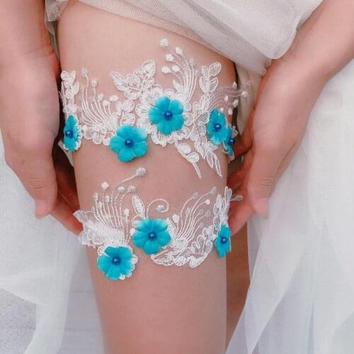 2Pcs Lace Floral Beading Embroidery Wedding Garter Ivory Sexy Garters for Women Female Bride Thigh Ring Bridal Leg Garter