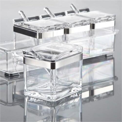 1 SET Transparent Seasoning Box Four Grid Four In One Seasoning Box with Spoon Seasoning Can Set Kitchen Tool Accessories