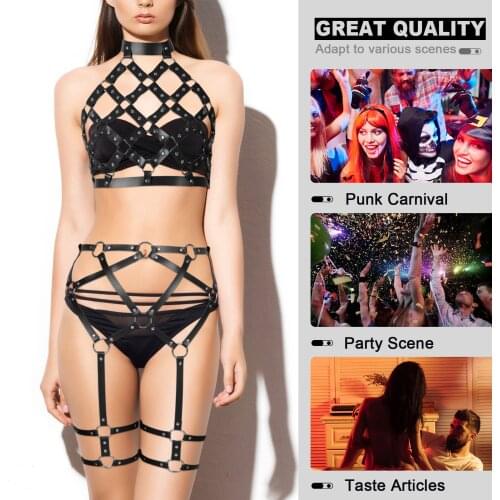 Sexy Leather Body Harness Lingerie Sets For Women Bdsm Cage Grid Bra Chest Bondage Straps Leg Harness Garter Belt Fetish Rave