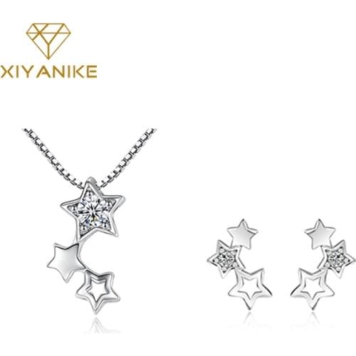 XIYANIKE 925 Sterling Silver 2019 Hot Sale Five Star Hollow Zircon Stud Earrings And Necklace Fashion Charming Jewelry Sets Gift
