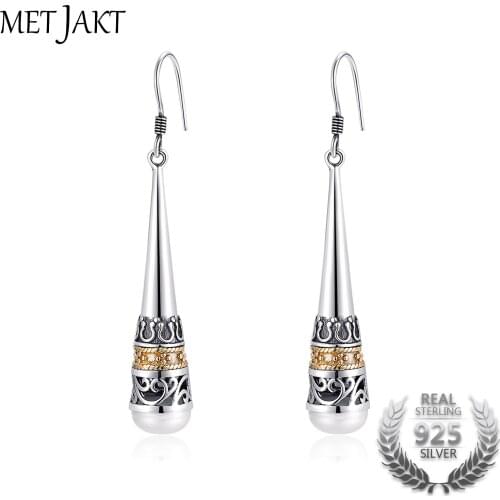 MetJakt Real 925 Sterling Silver Vintage Drop Earring with Natural 6mm Freshwater Pearl Earrings for Womens Jewelry