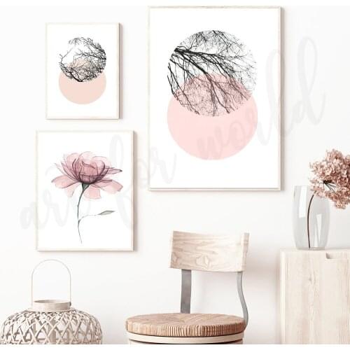 Nordic Line Tree Landscape Art Printable Pink Flower Abstract Wall Art Canvas Print for Modern Home Living Room Decoration