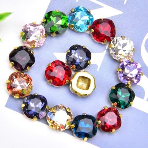 10mm K9 Glass Loose Crystal Stones Fat Square Gold Claw Rhinestone Mixed Colors Sewing Button Applique DIY Garment Jewelry