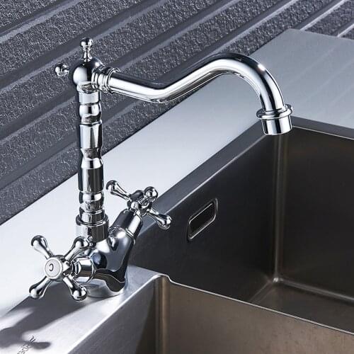 Traditional Plum Hand Wheel Kitchen Faucet Cold and Hot Water Mixer Tap Silver Double Handle Kitchen Tap Make The Room Beautiful
