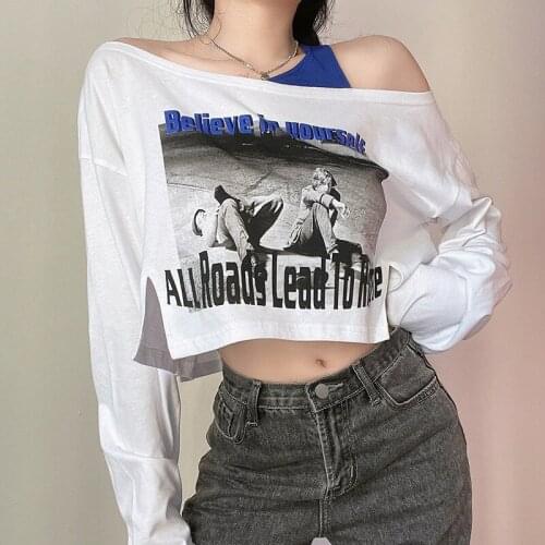 Women Cold Off Shoulder T-shirt Adults Figure Letter Print Boat Neck Long Sleeve Crop Top Ladies Autumn Pullover Tops Streetwear