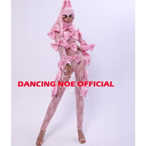 Pink Lace One-Piece Bow Gogo Dance Costume Women Sexy Jumpsuit Female Singer Nightclub Bar Ds Dj Party Stage Costumes DN8600