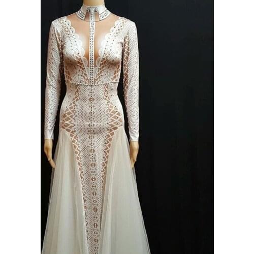 Sparkly Rhinestones White Voile Tail Long Dress Women Prom Celebrity Prom Party Outfit Female Stage Performance Dance Dresses