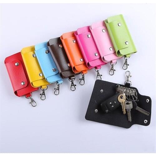 1 PC Portable Leather Housekeeper Holders Car Keychain Key Holder Bag Case Unisex Wallet Cover Simple Solid Color Storage Bag