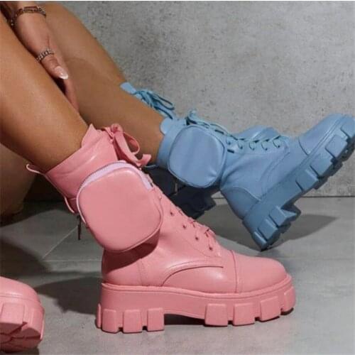 2020 New Chunky Boots Fashion Pocket Platform Boot Women Ankle Boots Female Sole Pouch Ankle Boots Women Botas Mujer Plus Size