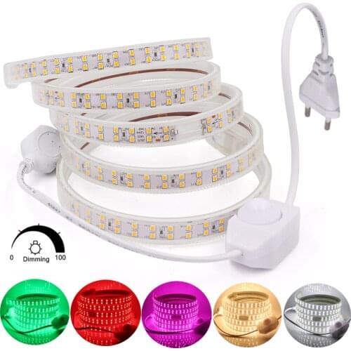 220V 2835 Led Strip with Dimmer Super bright 180Leds/m Flexible Rope Tape Waterproof White/Warm White/Red/Green/Blue/Yellow/Pink