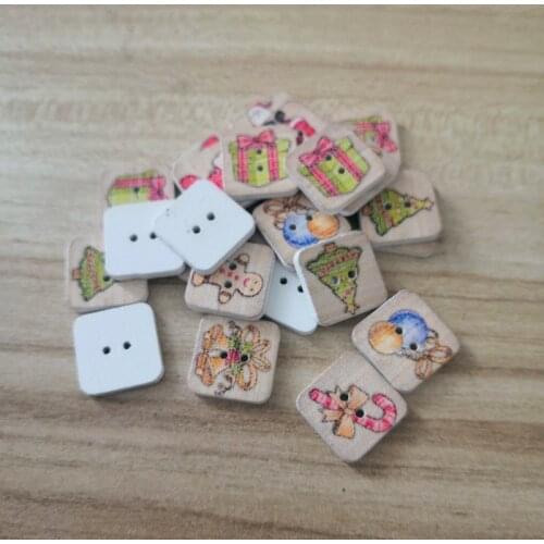 50PCs Wooden Sewing Buttons Scrapbooking Square Christmas Painting Mixed Two Holes 15mm Costura Botones Decorate W2022