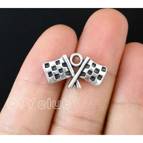 70pcs-Antique Silver Checkered Flags Charms Pendant, Race Car Charm 22x12mm
