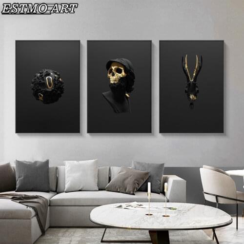 Abstract Decor Modern Art Painting Wall Art Gold Black Sculpture Skull Hand Flowers Canvas Poster Art Geometrico Home Decor