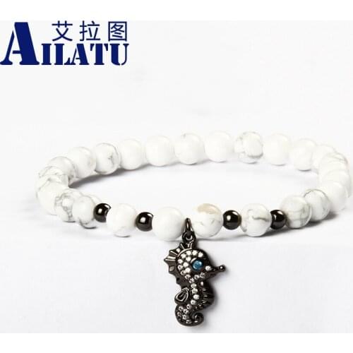 Ailatu Fashion Nature White Howlite Stone Cubic Zirconia Sea Horse Animal Shape Bracelet Hippocampus Bracelet Mens Jewelry