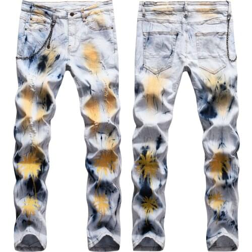 New mens male trousers fashion casual original handmade paint gold printed coconut tree hanging chain stretch slim jeans pants