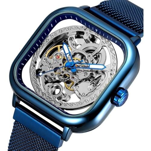 FORSINING Fashion Skeleton Watch Men Automatic Mechanical Mens Watches Magnet Mesh Strap Square Wristwatch Top Brand Luxury