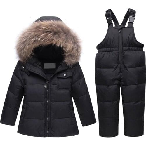 Children Winter Clothing Sets Warm Baby Boys Girls Zipper Down Suspender Hooded Sets Long Pants 2PCS Girls Solid Color Outfits