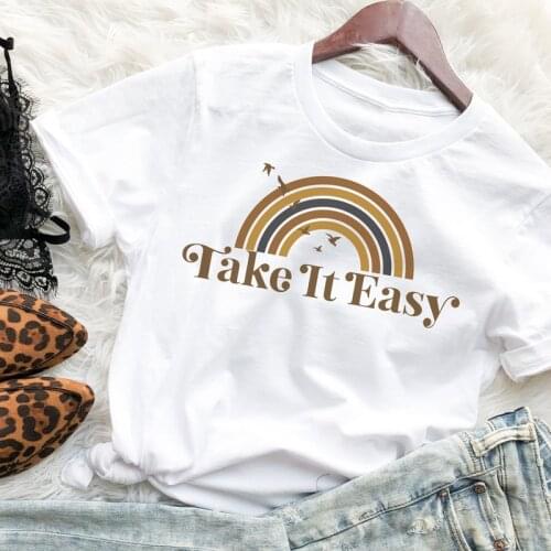 Colored Take It Easy T-shirt Retro Rainbow Graphic Summer Tee Top Aesthetic Women Short Sleeve Motivational Quote Tshirt