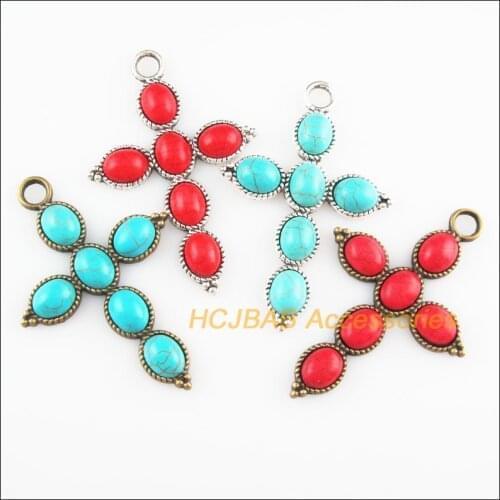 2Pcs Retro Gold Color Tibetan Silver Tone Cross Blue&Red Stone Charms Pendants 40.5x61mm