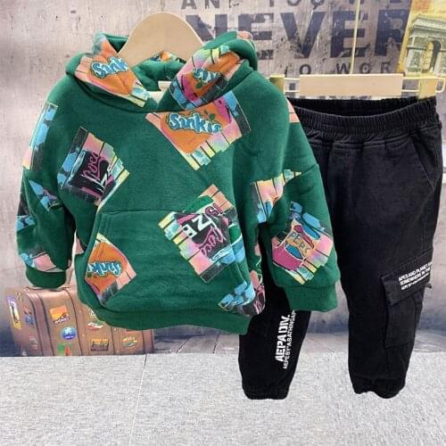 Boys Clothing Sets Casual Printed Hood Sweatshirt Thick Pants Kids Tracksuit Plus Velvet Autumn Winter Toddler Baby Suit 2019