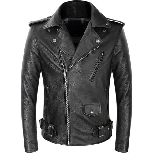 Mens Genuine Leather Motorcycle Biker Jacket 100% Cowhide Leather Coat Men Slim Zipper Classic Real Leather Moto Riders Jackets