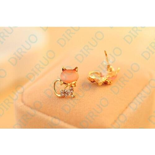 2016 New Fashion Cute Kitten Temperament Rhinestone Sweet Opal Cat Bowknot Stud Earrings For Women