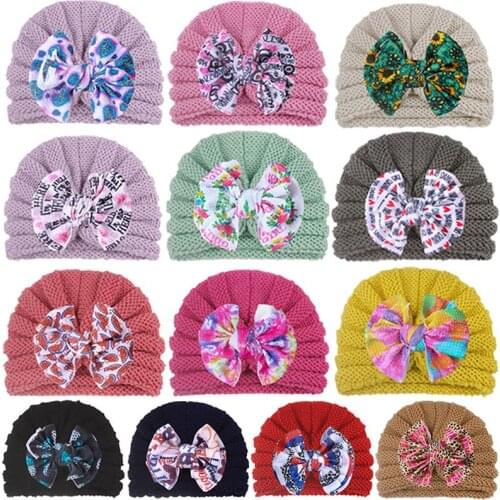 Autumn Winter Baby Hat Warm Crochet Thick Children Girl Bonnet Hat Bows Kids Toddler Beanie Cap Head Wraps Baby Accessories
