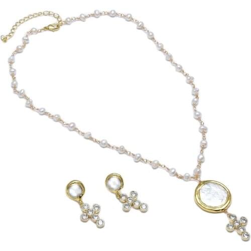 GG Jewelry Natural White Freshwater Pearl Necklace CZ Paved Cross Gold Color Plated Coin Pearl Pendant Earrings Sets For Women