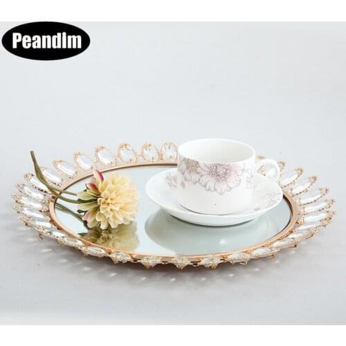 PEANDIM Gold Decorative Mirror Tray Crystal Cosmetics Jewelry Storage Tray Wedding Party Table Cupcake Household Dessert Dishes