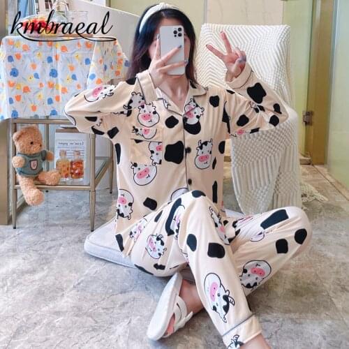 Pajamas for Women Autumn Spring Cotton Two Pieces Pyjama Sets Sleepwear Nightwear Girl Cartoon Loose Thin Homewear Plus Size 2xl