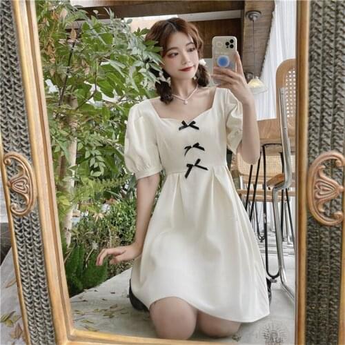 Summer French Soft Girl Lolita Dress Japanese Cute Square Collar Waist Slimming Korean Mini Dress Women Retro Elegant Lady Dress