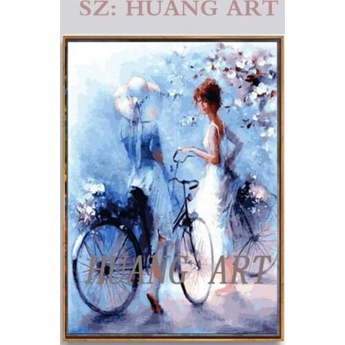 Hand-painted dress blue bike girl figure painting for the sitting room wall painting hand-painted cheap modern painting without