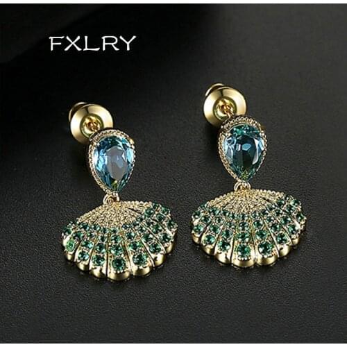 FXLRY New Design Shell Sector Drop Purple/Green CZ Dangle Earrings for Women Wedding Party Gold Color Fashion Jewelry