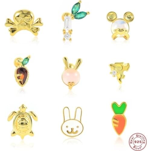 Aide 1PC 925 Sterling Silver Cute Bunny Carrot Bamboo Stud Earrings Tiny Skull Turtle Cheese Shape Piercing Cartilage Ear Studs