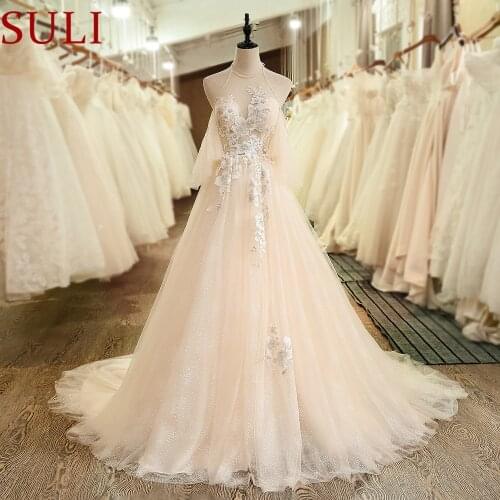 SL-7001 Bohemian Puffy Short Sleeve Beads Bridal Wedding Dresses 2019 Backless Halter Beach Wedding Bridal Dress