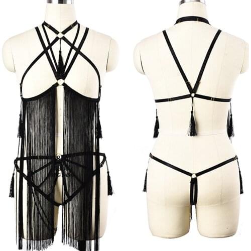 Unique Design Tassel Body Harness Belt Bohemia Dance Rave Cage Bra Adjustable Bottom Pantie G-string Goth Sexy Bondage Set