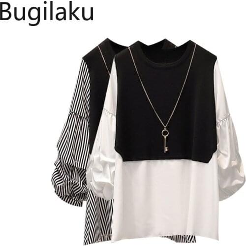 Bugilaku Office Ladies Elegant Blouse Women Hit Color Patchwork O Neck Long Sleeve Oversized Tops Casual Loose Shirts Camisas